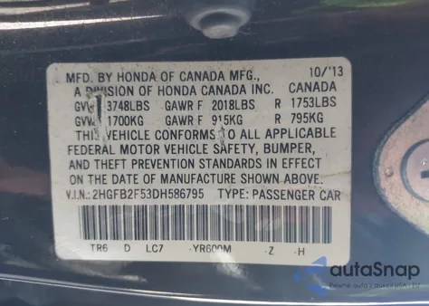 2013 Honda Civic Lx из США, поврежденный, VIN 2HGFB2F53DH586795